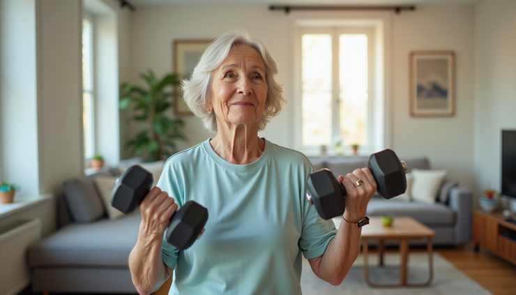 Eye-level view of a senior woman doing light dumbbell exercises in a bright living room