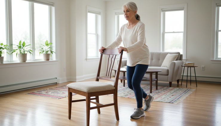 Wide-angle view of an older adult holding a chair while doing gentle side steps in a living room.