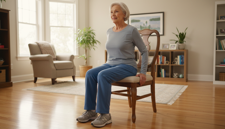Wide-angle view of an older adult practicing a sit-to-stand exercise beside a sturdy chair.