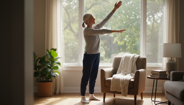 Eye-level view of an older adult stretching gently beside a sunny window.