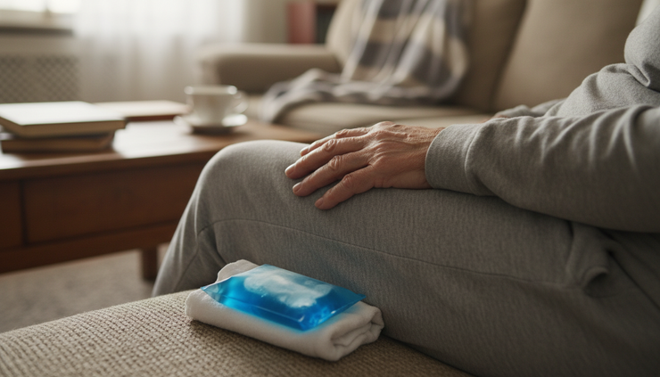 Close-up of a hand resting on a knee with a small ice pack nearby.