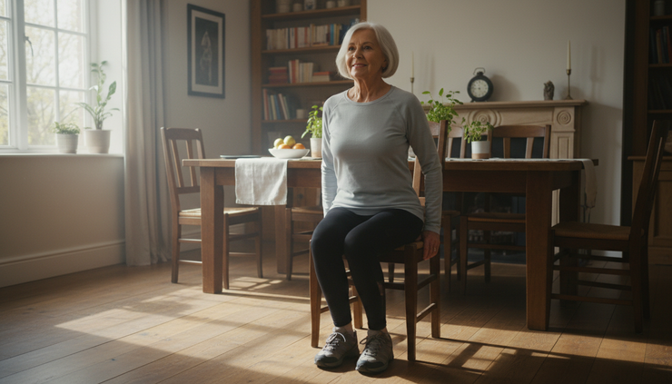 Wide-angle view of an older adult practicing sit to stand from a dining chair.
