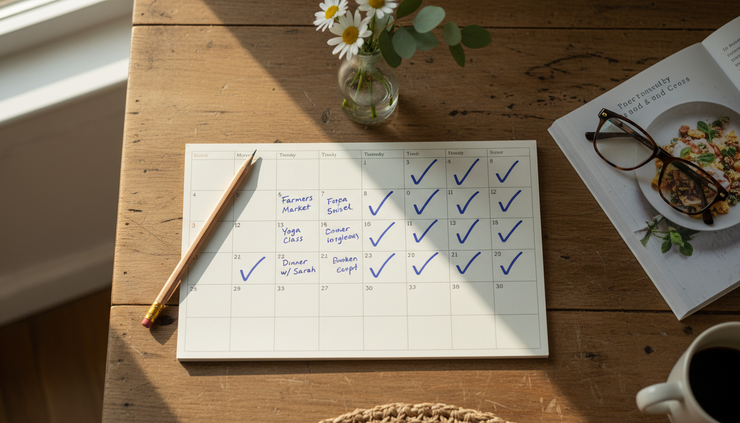 Overhead view of a weekly calendar with several simple check marks