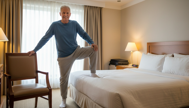Eye-level view of a senior man stretching beside a hotel bed with a sturdy chair nearby.