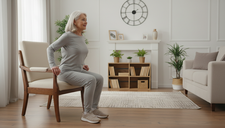 Wide-angle view of an older adult doing a sit-to-stand exercise with a sturdy chair in a living room.