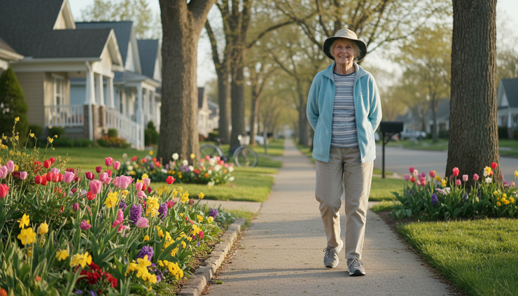 Wide-angle view of a senior walking slowly on a neighborhood sidewalk beside spring flowers.