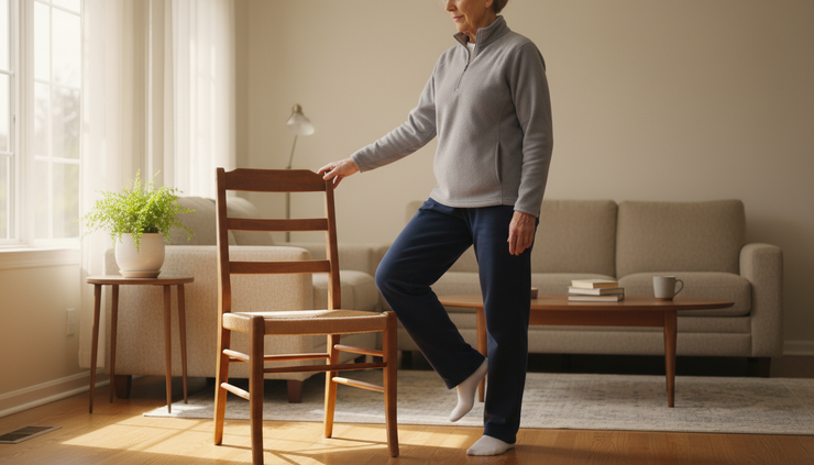 Eye-level view of a senior adult standing beside a chair in a bright living room.
