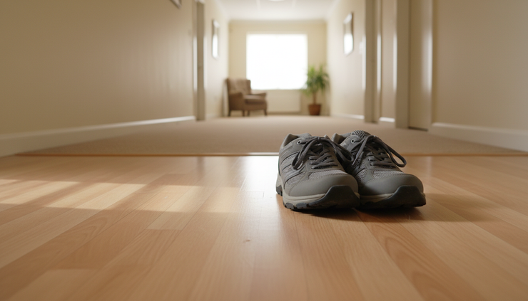 Close-up view of supportive walking shoes beside a clear hallway with soft light.