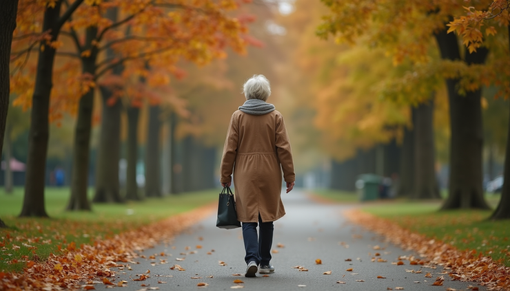 Eye-level view of a senior woman walking on a quiet park path surrounded by autumn trees