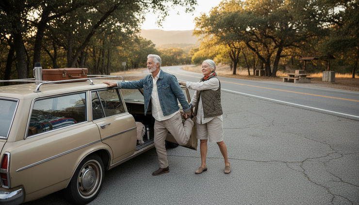 Wide-angle view of an older couple stretching beside a parked car at a quiet rest stop.
