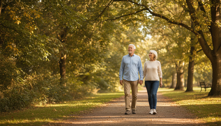 Eye-level view of two older adults walking on a quiet park path in comfortable clothes.