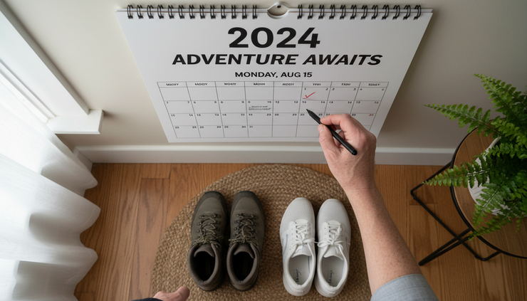 Overhead view of an older adult placing a check mark on a wall calendar next to walking shoes