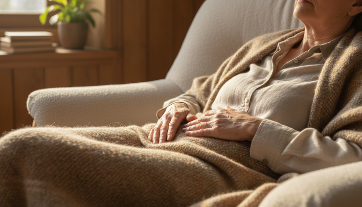 Close-up view of older hands resting on the belly during a gentle breathing exercise