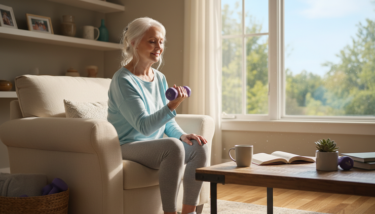 Eye-level view of an older adult lifting a light dumbbell near a sunny window.