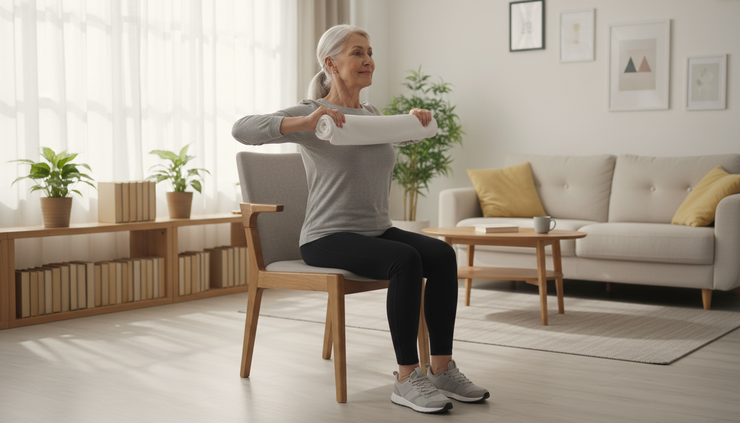 Wide-angle view of an older adult doing a seated towel row in a living room.