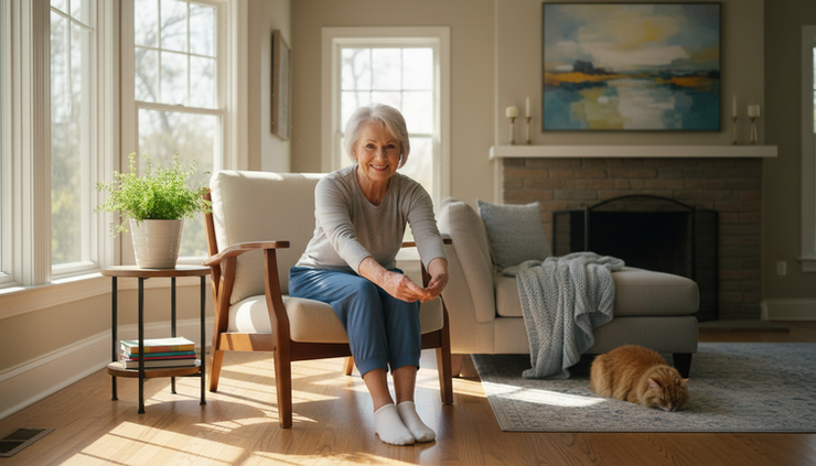 Eye-level view of an older adult stretching gently in a sunny living room.