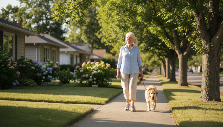 Wide-angle view of an older adult walking steadily on a sunny neighborhood sidewalk.
