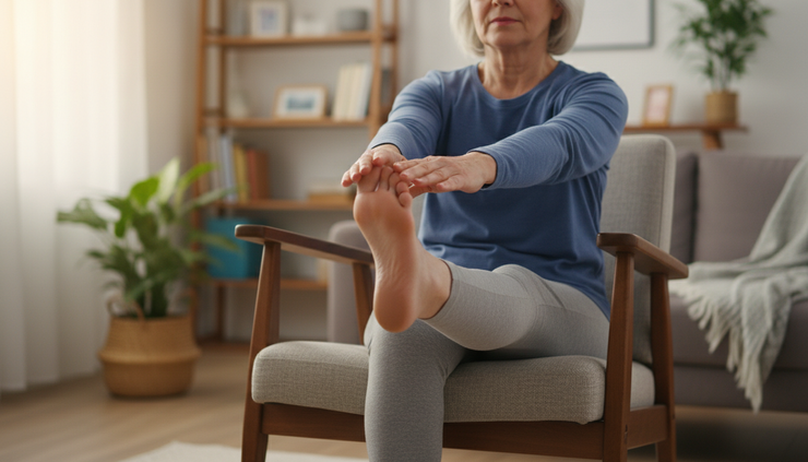 Close-up view of an older adult doing a seated hip stretch in a sturdy chair.