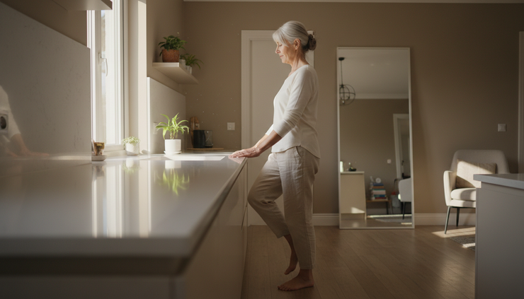 Wide-angle view of an older adult doing heel raises at a kitchen counter.