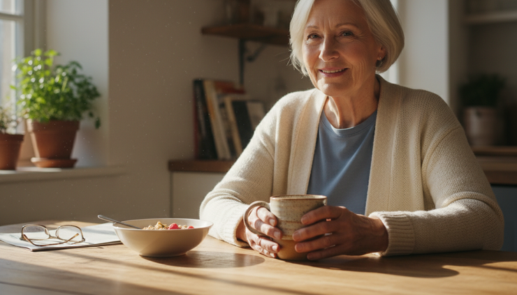 Eye-level view of an older adult holding a mug with both hands at a sunny kitchen table.