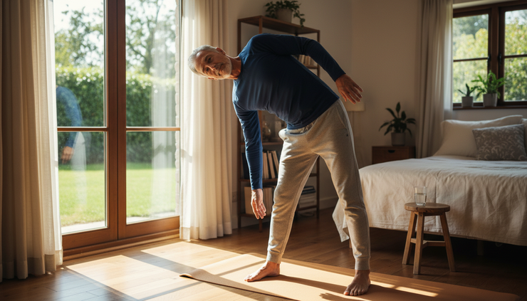 Eye-level view of an older man stretching beside a sunny bedroom window.