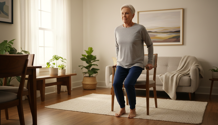 Eye-level view of an older adult doing a sit-to-stand exercise from a sturdy chair.