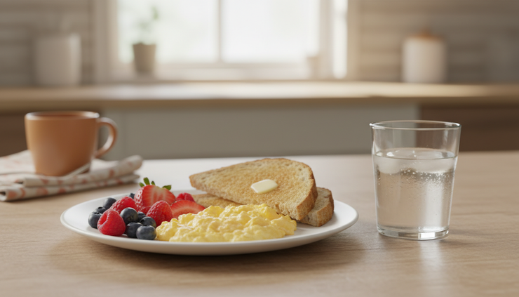 Close-up view of a simple breakfast plate with eggs, fruit, and whole-grain toast on a kitchen table.