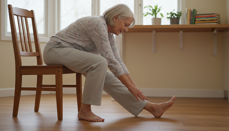 Close-up view of an older adult stretching one leg forward from an armless chair.