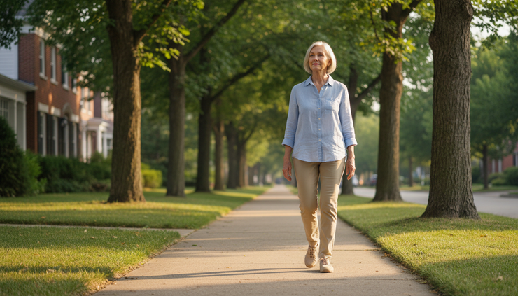 Eye-level view of a senior adult walking upright on a quiet neighborhood sidewalk