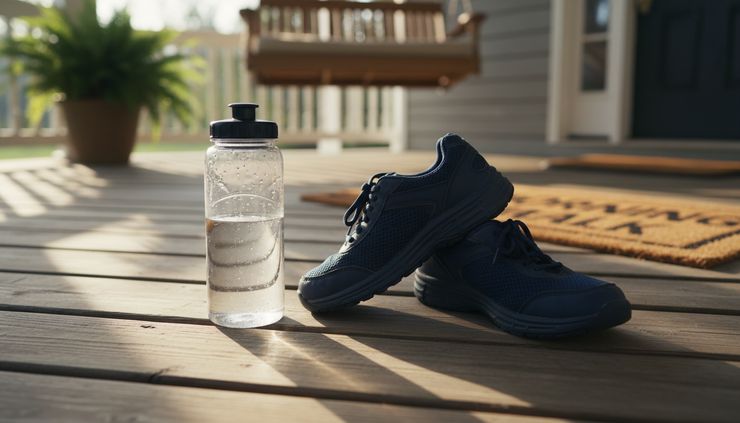 Close-up view of comfortable walking shoes beside a water bottle on a front porch.