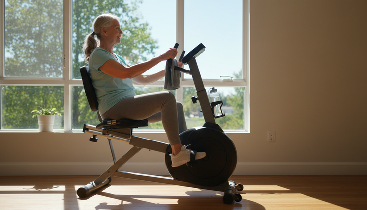Wide-angle view of an older adult riding a recumbent bike near a sunny window.