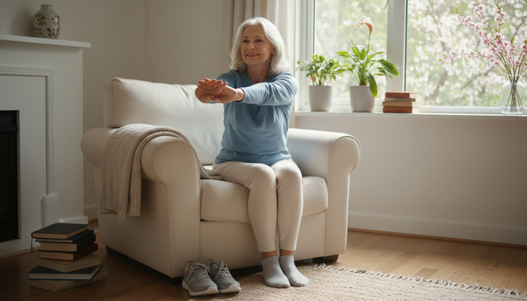 Wide-angle view of an older adult stretching near a sunny window at home.