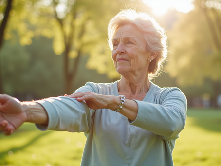 Senior woman stretching in a park during spring