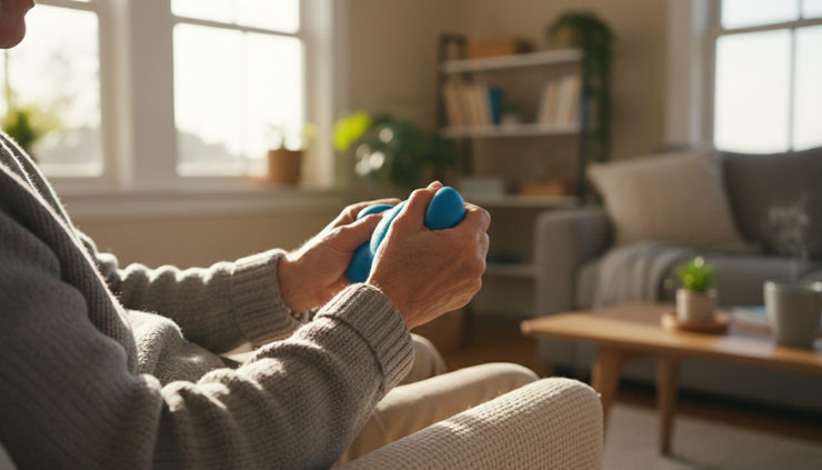 Close-up view of older hands gently squeezing a soft therapy ball in a living room.