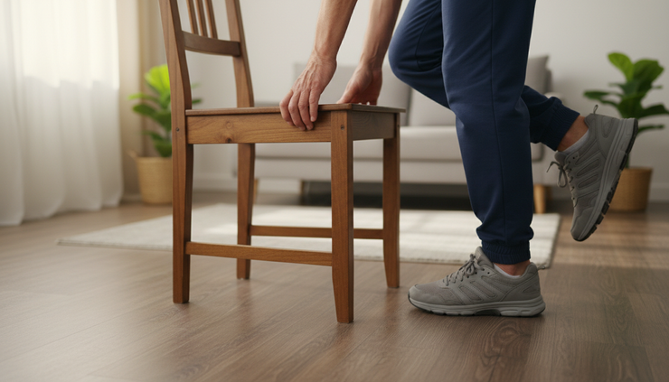 Close-up view of an older adult doing heel raises while holding the back of a chair.