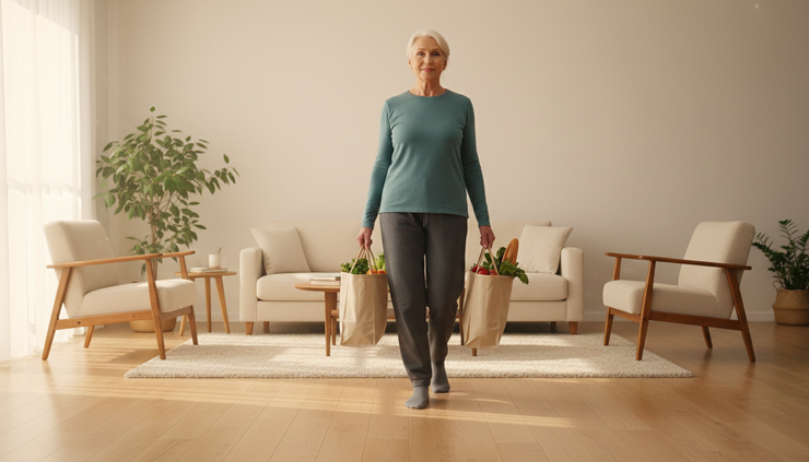 Wide-angle view of an older adult carrying two light grocery bags during a home strength exercise.
