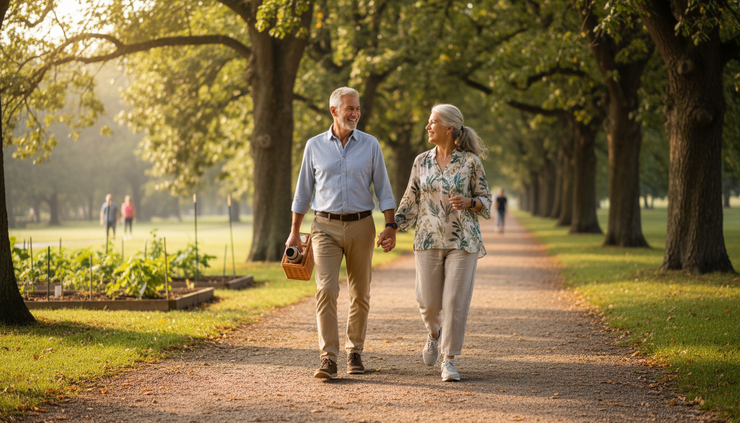 Eye-level view of a senior couple walking on a quiet park path.