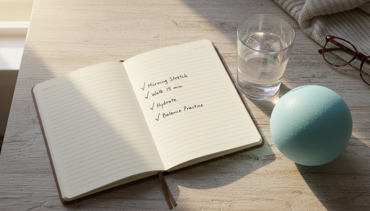 Overhead view of a notebook beside a therapy ball and a glass of water on a wooden table.