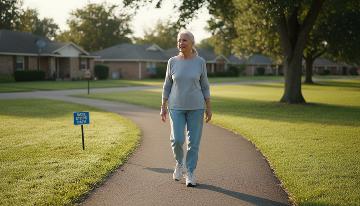Eye-level view of an older adult walking on a quiet neighborhood path.
