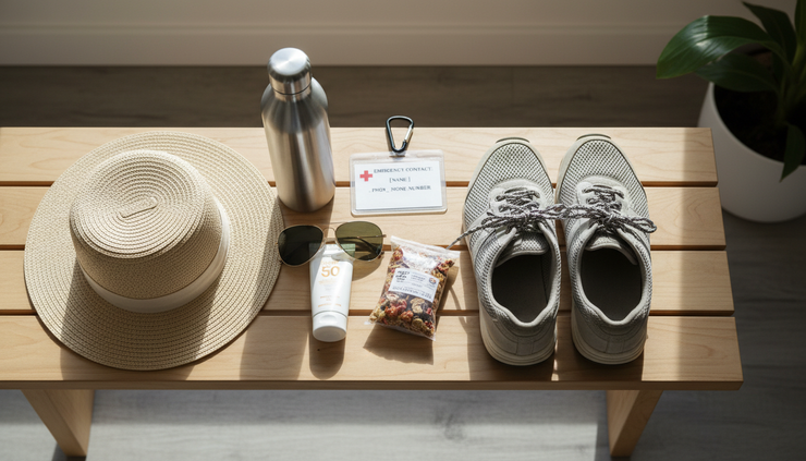 Overhead view of a summer walking kit with water, hat, sunglasses, sunscreen, and comfortable shoes.