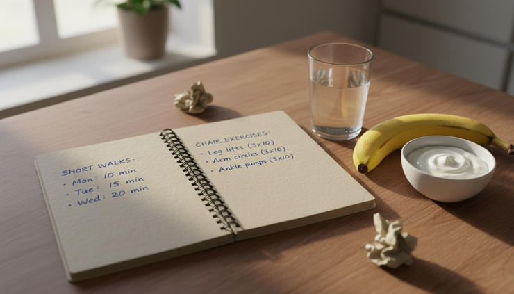 Overhead view of a simple recovery notebook beside a glass of water and a small healthy snack.