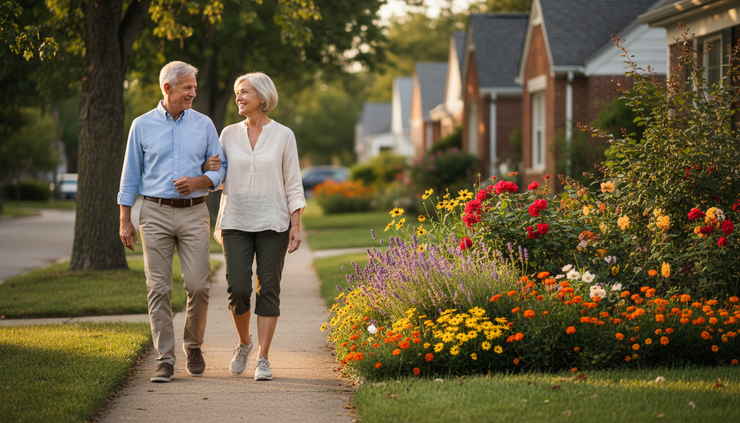 Eye-level view of two older adults walking together beside a neighborhood garden.
