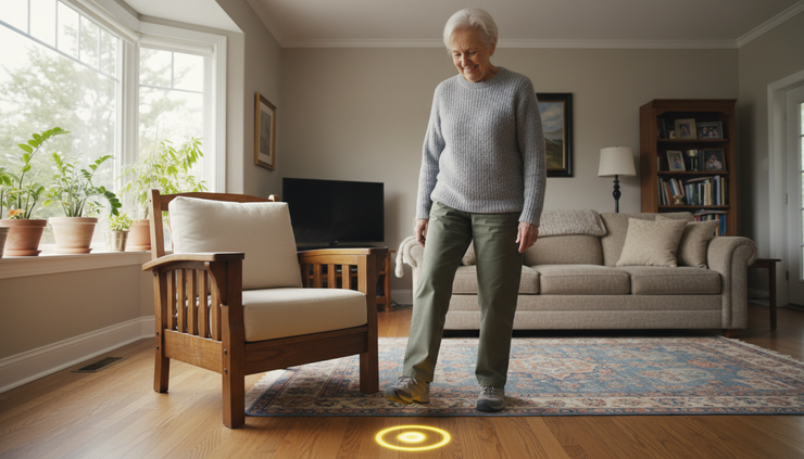 Wide-angle view of an older adult standing beside a sturdy chair while tapping one foot toward a floor marker.