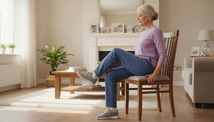 Eye-level view of a senior doing a seated exercise with a sturdy chair in a bright living room.