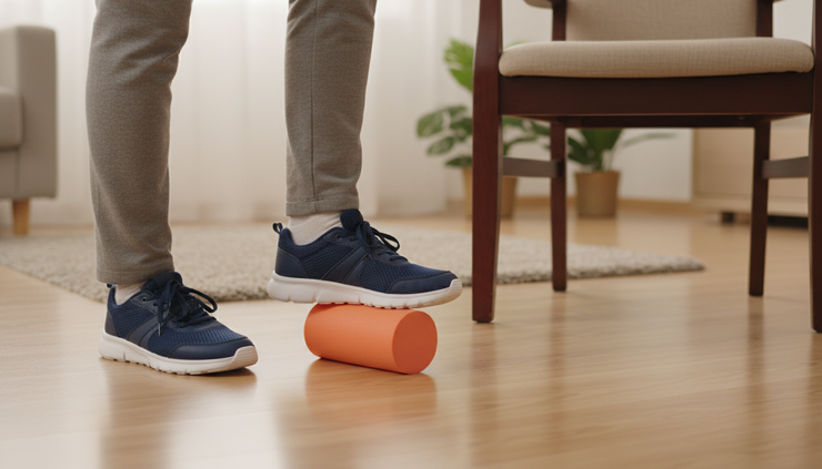 Close-up of an older adult’s feet in sneakers stepping carefully over a low exercise marker.