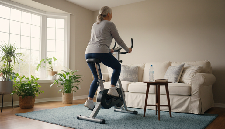 Wide-angle view of a senior adult using a stationary bike in a bright home living room.