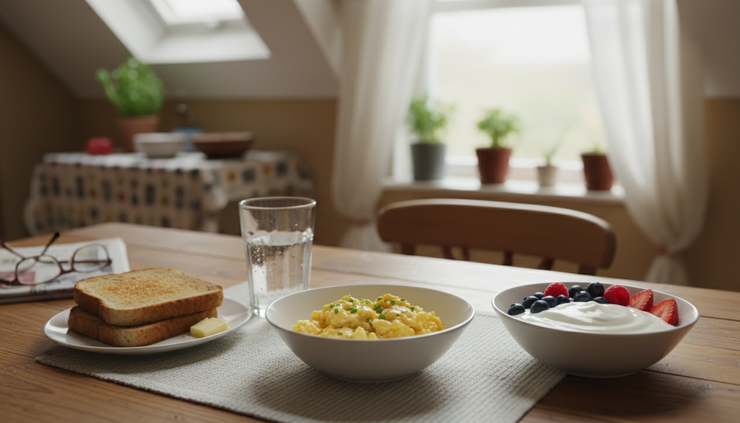 Overhead view of a simple protein-rich meal with eggs, yogurt, fruit, and water.
