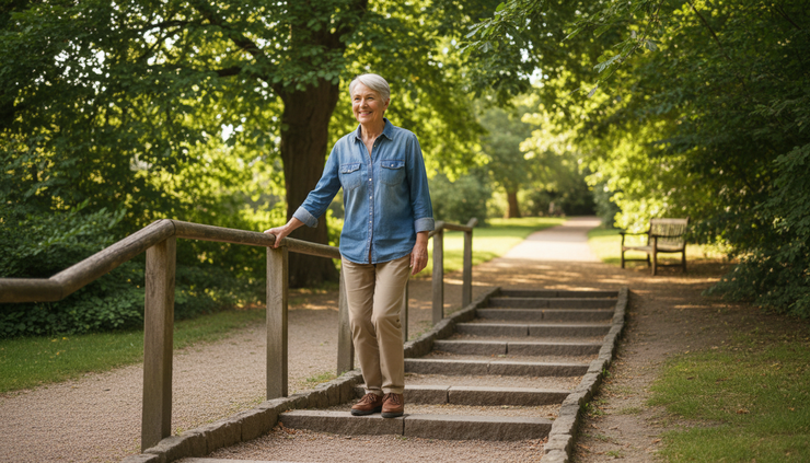 Wide-angle view of an older adult walking up outdoor steps with a handrail