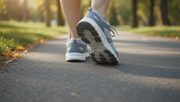 Close-up view of comfortable walking shoes stepping heel to toe on a smooth park path.