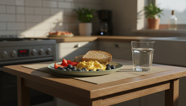 Close-up of a colorful breakfast plate with eggs, berries, and whole-grain toast
